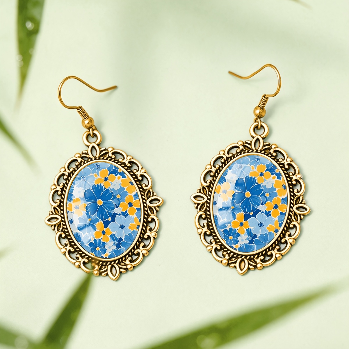 Blue Yellow Daisy Pattern Oval Earrings, Unisex Gift